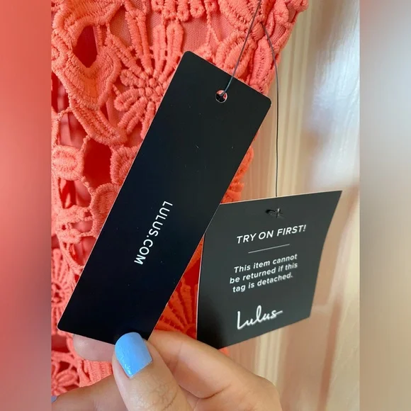 NWT Lulus Coral Orange Lace Halter Mini Dress - Picture 7 of 14